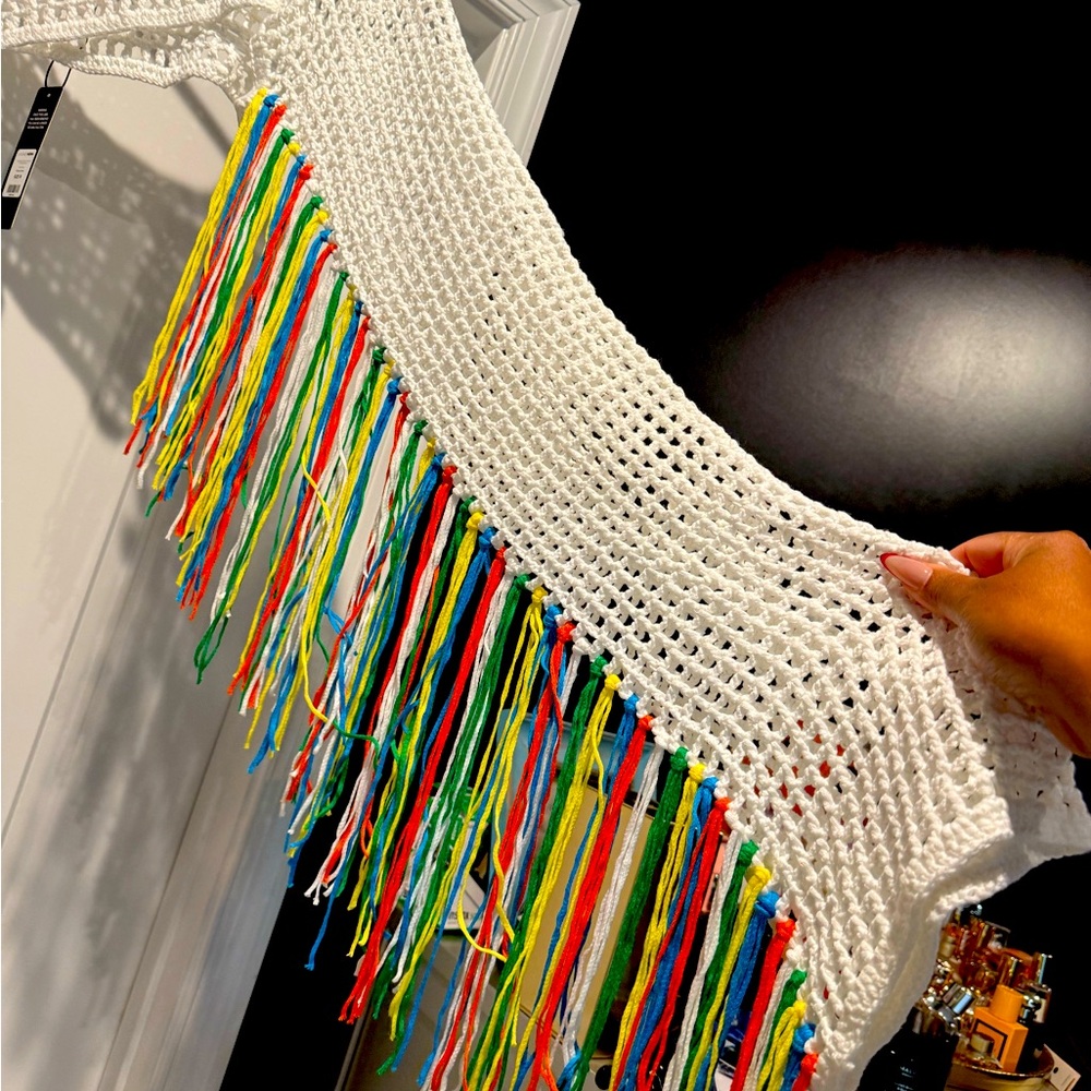 White Crochet Fringe Shrug | Multicolor Festival Cover-Up | Handmade Look | NWT